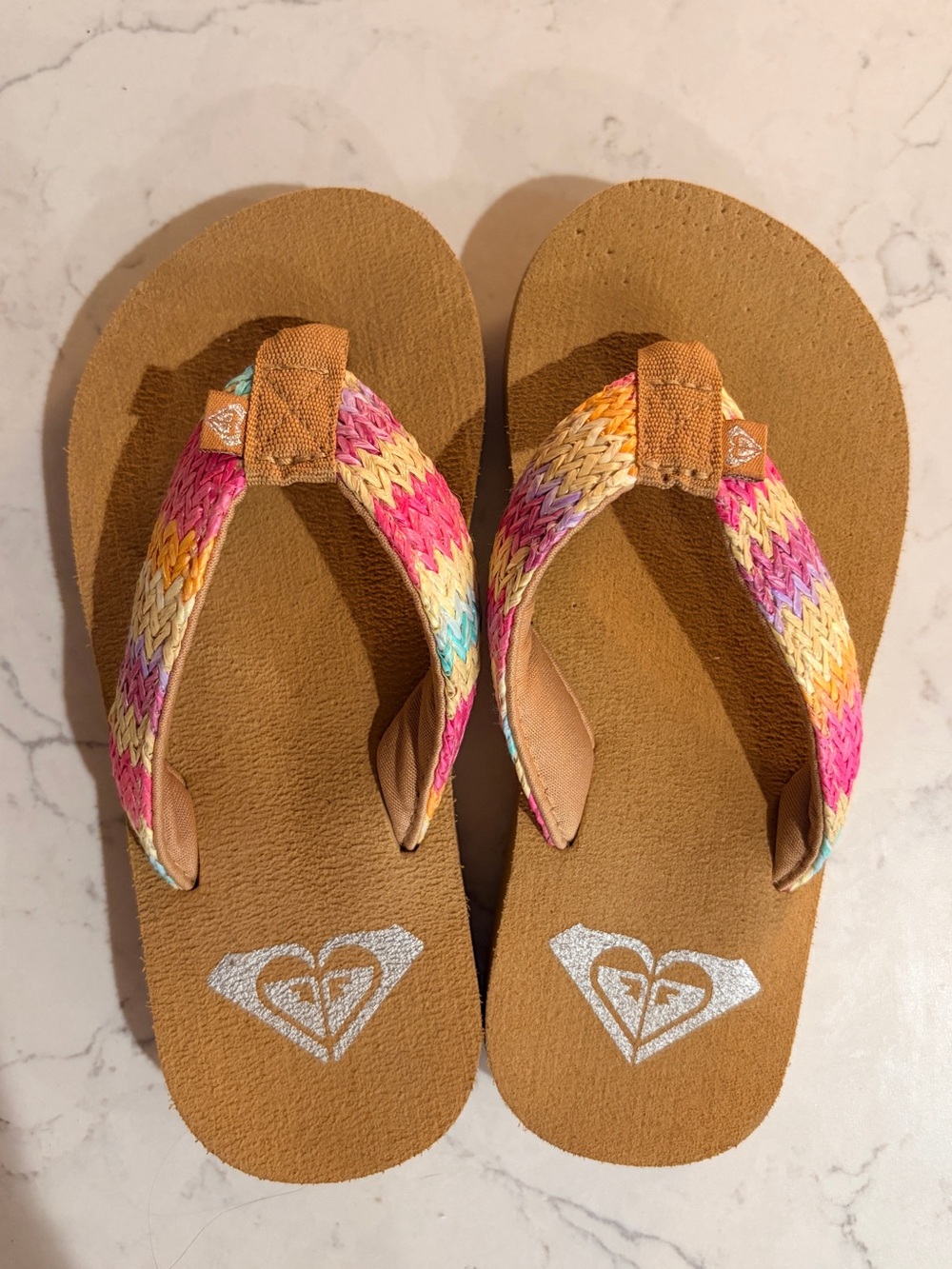 Roxy Little Girl Multicolor Braided Strap Flip Flops - Pink/Tan
